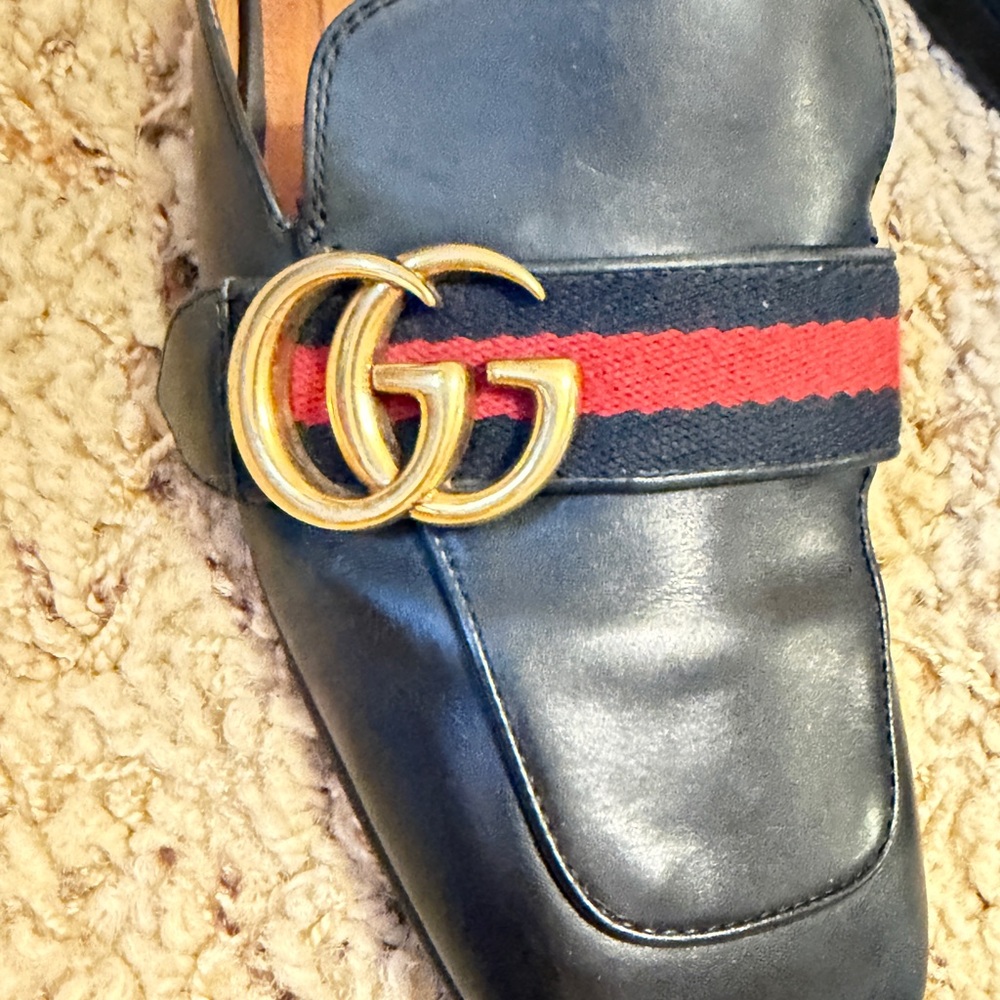 Gucci Black Leather Mules with Red-black Web and Gold Double G - Picture 10 of 11
